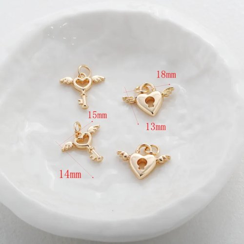Mặt dây chuyền chìa khóa trái tim cánh mạ vàng 14K 13x18mm DIY trang trí vòng tay dây chuyền
