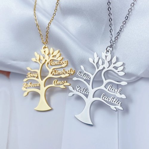 Collier Arbre de Vie personnalisé – Pendentif plaque prénom en acier inoxydable, 1 à 6 prénoms, bijou familial, cadeau de Noël