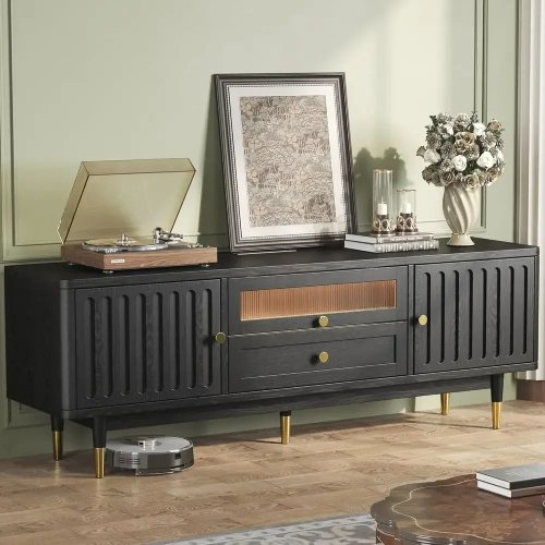 Meuble TV 70" au design arqué, éclairage LED et station de charge USB pour salon ou chambre