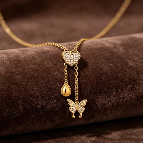 Collar lariat en acero inoxidable 316L, anti‑desvanecimiento, ajustable, borla, colgante flor y mariposa con circonitas, joyería para mujer, regalo