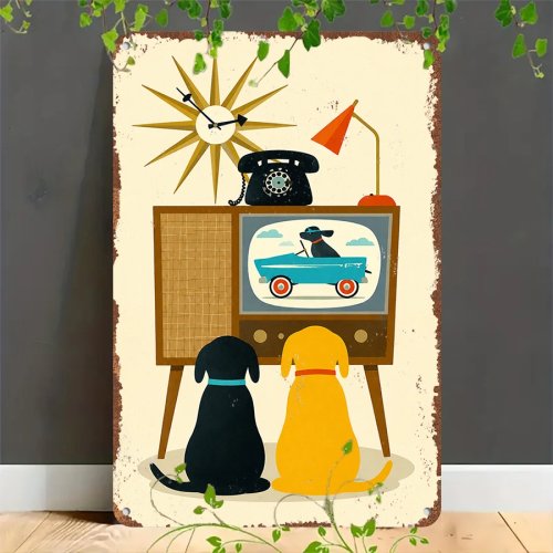 Retro-Blechschild 2D – „Hunde schauen TV“, vintage Metalltafel zur Wanddekoration für Zuhause, Garage, Café, Bar und Garten