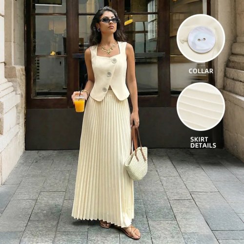 Verão 2026 – Conjunto minimalista para trabalho: Colete de fato liso + Saia comprida plissada para mulher