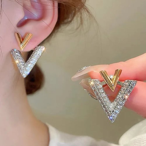 여성용 925 실버 더블 V 크리스탈 귀걸이, 한국풍 이어재킷형(귀 뒷부분 장식)