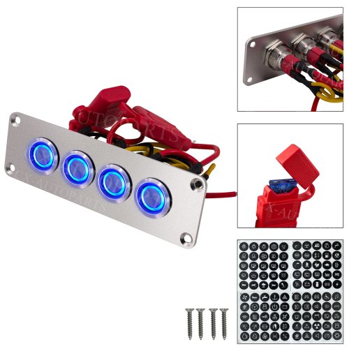 4-Gang Waterproof Stainless Steel Push-Button Switch Panel 12V/24V with Blue LED, Horizontal or Vertical Mount for Car, Boat, RV, Camper