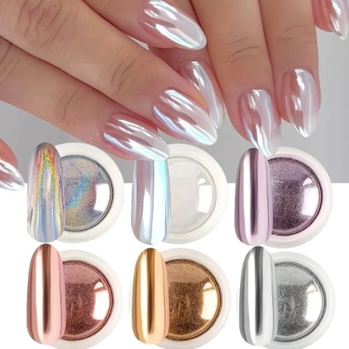 Lot de 6 poudres miroir chrome pour ongles – blanc, doré, argenté, holographique, aurore, métallisé