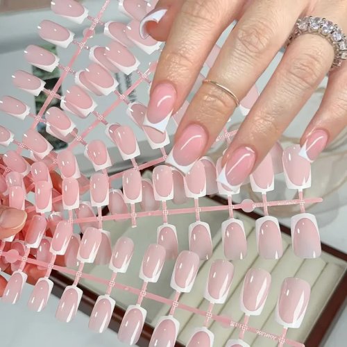 120 pcs Kuku Palsu Press-On French Pendek Kotak Putih – Nude Pink bentuk coffin mengkilap, full cover
