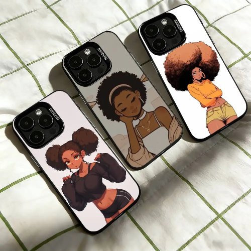 Funda para celular de chica negra afro caricatura para iPhone 17,16,15,14,13,12,11 Plus, Pro Max, XS, plateado colorido