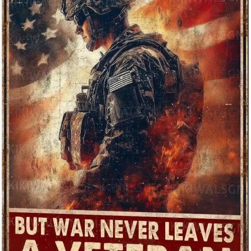 Biển thiếc vintage 'Veterans Leave A War' - Trang trí tường chủ đề quân đội, yêu nước phù hợp cho phòng nam, gara, nhà hoặc quán bar