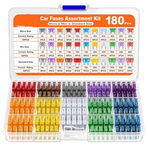 ชุดฟิวส์รถยนต์ 180 ชิ้น (60 มินิ, 60 มาตรฐาน, 60 ไมโคร) พร้อมที่ดึงฟิวส์