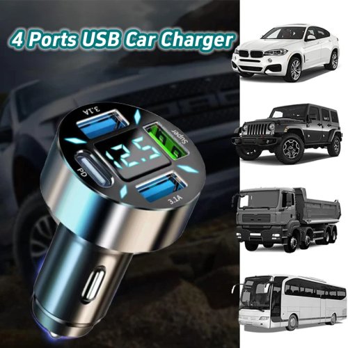 Mini 4-Port USB Car Charger Adapter — Type-C PD Quick Charge with Smart Chip, Cigarette Lighter Splitter for Car/Truck/SUV