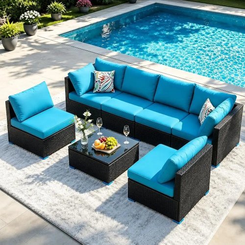 Ensemble de canapé sectionnel d'extérieur 7 pièces bleu avec table basse et coussins