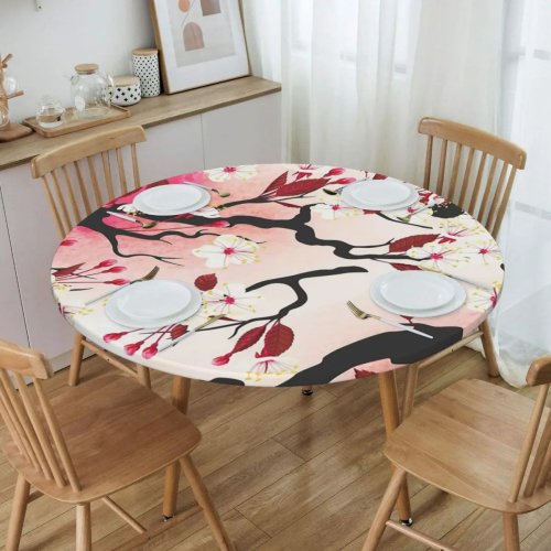 Runde Tischdecke 'Sakura' mit Kirschblütenmotiv, japanischer Stil, abwaschbar/öl‑ & wasserabweisend – für Küche, Esszimmer & Feier
