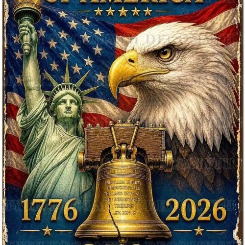 アメリカ独立250周年記念 ブリキ看板 1776–2026 – 自由の女神・独立の鐘・ワシのヴィンテージ愛国デコ