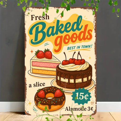 Placa metálica retro 'Fresh Baked Goods – Best In Town!' Decoração vintage para casa, garagem, café, bar e jardim