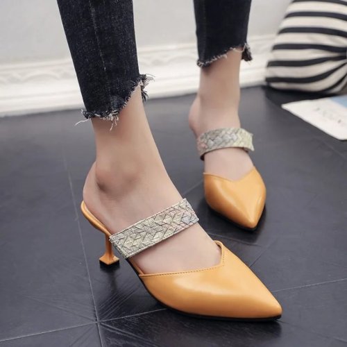 Dép mule cao gót nữ, sandal kín mũi, gót nhỏ, slip-on, trang trí vòng xếp chồng, mặc hàng ngày
