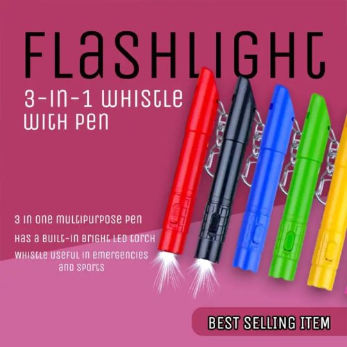 Pulpen 3-in-1 dengan Peluit, Senter LED & Gantungan Kunci — Alat Serba Guna Darurat untuk Guru dan Pramuka
