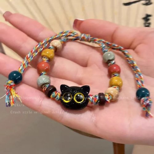 Bracciale gatto in vetro colorato con corda intrecciata – stile retrò, originale per coppie e studenti
