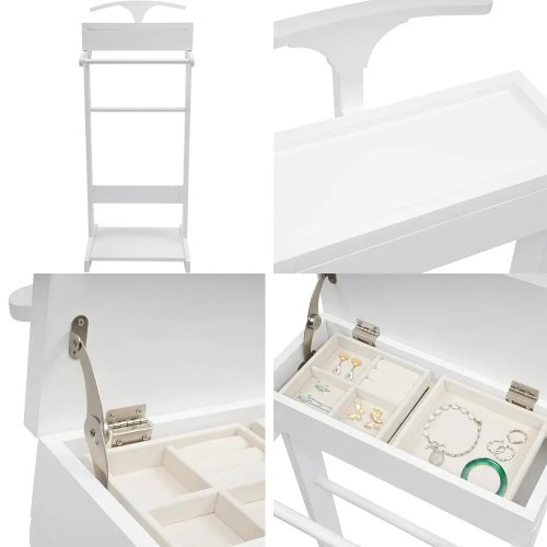 Valet de madera blanco con repisa para zapatos, gancho para abrigo y soporte para sombrero – Organizador de ropa para hombre