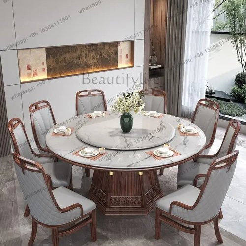 Nouvelle table à manger ronde en marbre d'ébène et bois massif, luxe léger pour maison, villa, restaurant
