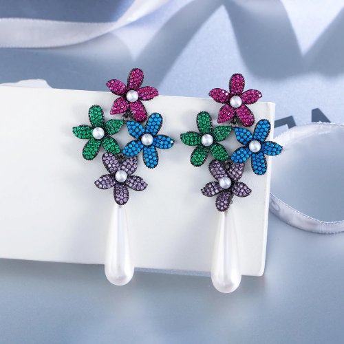 Anting panjang pengantin ThreeGraces mewah motif bunga, zirconia warna-warni dan mutiara tiruan