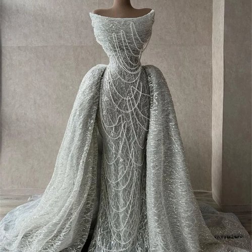 Vestido de noite prateado com pérolas, sem alças, com saia destacável, elegante vestido de festa de casamento personalizado para noiva, aniversário, baile de formatura