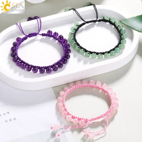 Vòng tay pha lê tự nhiên - Hạt đá 6mm Thạch anh tím và Thạch anh hồng, Vòng tay tình bạn có thể điều chỉnh cho nữ