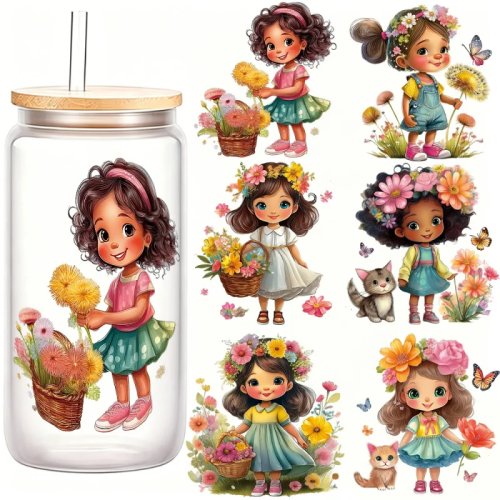 6 pcs Stiker Transfer UV-DTF motif bunga & anak perempuan untuk mug, gelas, casing HP