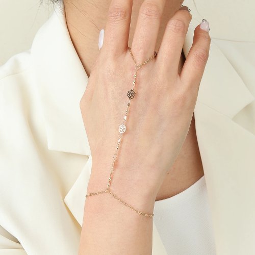 Pulsera de flor de rosa con anillo para dedo - Cadena de mano, anillo conectado, joyería india para mujer