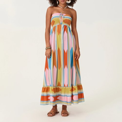 Women’s Strapless Boho Maxi Dress — Sleeveless drawstring tube summer beach/holiday dress
