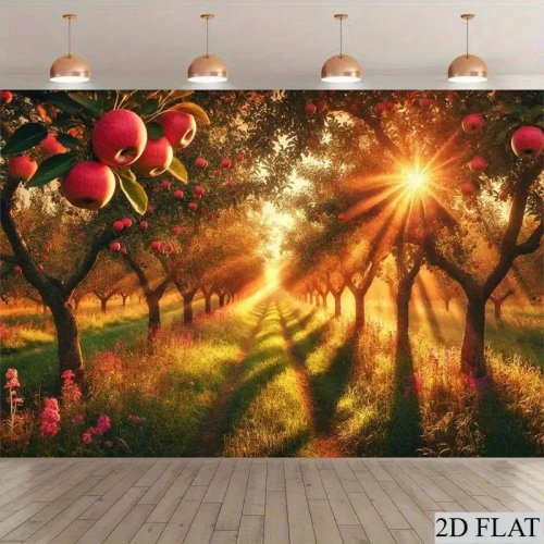 태피스트리 "Apple Orchard Sunshine" — 복숭아 무늬 폴리에스터 도어 배너/벽걸이, 2D 플랫, 가로 약 2.44m