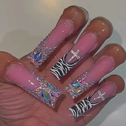 10 Móng Tay Giả Dài XXXL Đính Đá Lấp Lánh Làm Thủ Công, Móng Acrylic Hồng Tái Sử Dụng Kèm Keo
