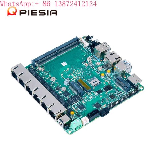 Piesia Nano-ITX firewall moederbord voor pfSense — 6 LAN-poorten, Intel 12e gen (N150/N100/N305), 1× DDR5 (tot 16 GB), PoE, 2× COM, embedded