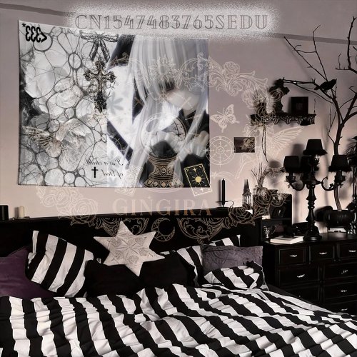 Tapiz de pared gótico anime con chica mística, estampado tarot cruz — decoración de habitación/dormitorio universitario estilo brujería