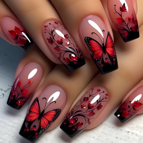 Pack 24 uñas postizas tipo press-on de largo medio, rojas con diseño de mariposa y flores, puntas brillantes, removibles y reutilizables — para mujer, casa, fiesta, regalo