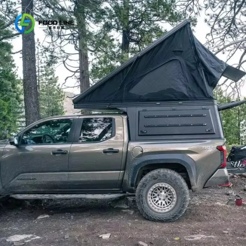 Nóc camper cứng tùy chỉnh cho pickup 4x4 kèm lều mái pop‑up — topper cho cắm trại overland/off‑road