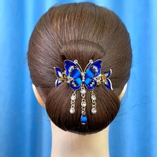 蝶モチーフのヘアクリップ（ラインストーン＆繊細なタッセル付き）— 上品なアップスタイル向け