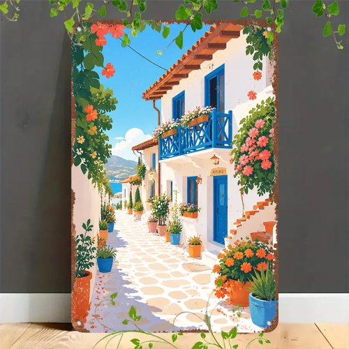 Targa in metallo retrò 2D «Villaggio costiero mediterraneo» – Decorazione da parete per casa, garage, caffè, bar e giardino