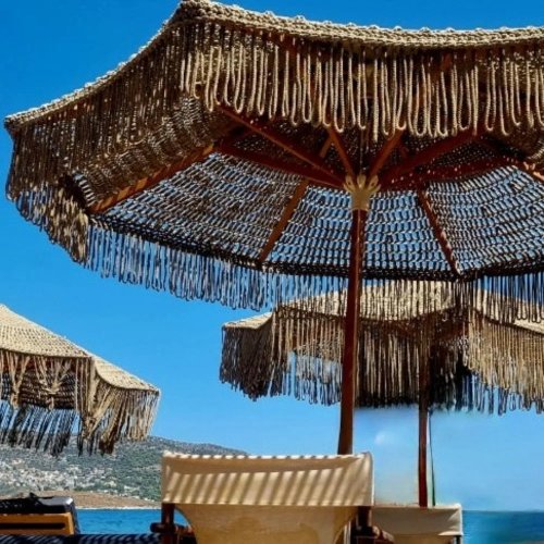 Payung parasol bohemian macramé untuk teras & pantai, kanopi katun/Terylene, tiang kayu, gaya Eropa