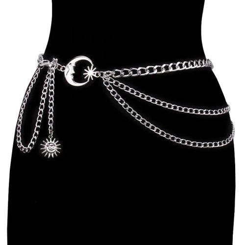 Rantai pinggang perhiasan fashion berlapis banyak motif bulan & matahari — rantai tubuh/pinggul gaya punk/hip-hop