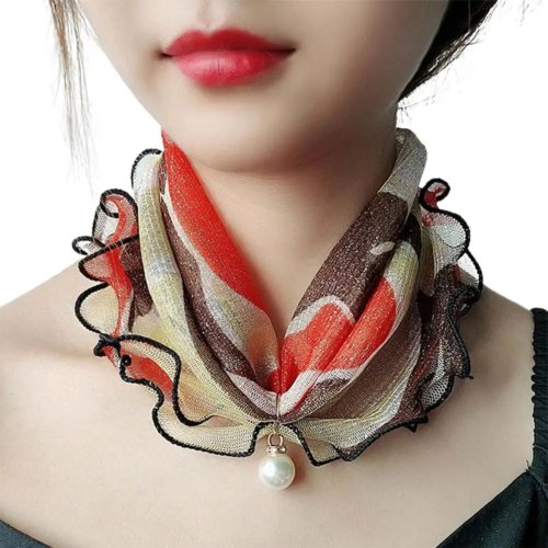 Women's summer neckerchief scarf — printed design with ruffle edge and faux pearl trim, elegant headscarf for banquets and parties