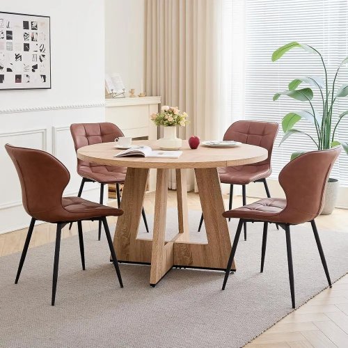Bộ Bàn Ăn Tròn 47 Inch Kèm 4 Ghế Bọc Nâu - Nội Thất Hiện Đại Cho Phòng Bếp và Phòng Khách