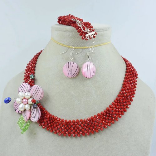 45mm Crystal Necklace, Bracelet & Earrings — Hand‑woven Seashell Flower Wedding/Anniversary Set for Women