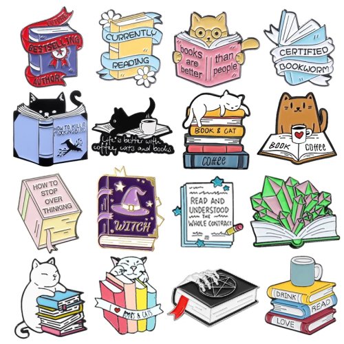 Мила емальована брошка тема «книга» — мультяшні значки (собака, квіти, чашка кави, чорний кіт, що читає)