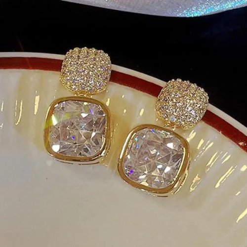 Bông tai treo vuông đá zircon bạc 925 – Thời trang Hàn Quốc, bông tai pha lê cho nữ
