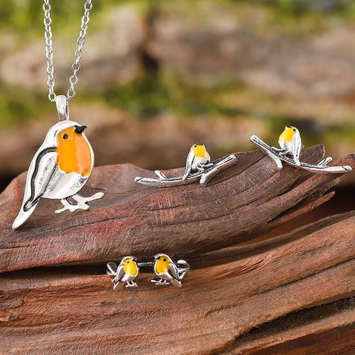 Set de joyería retro pájaro y rama con efecto gotas de aceite — pendientes, anillo, collar; diseño animal sencillo y versátil