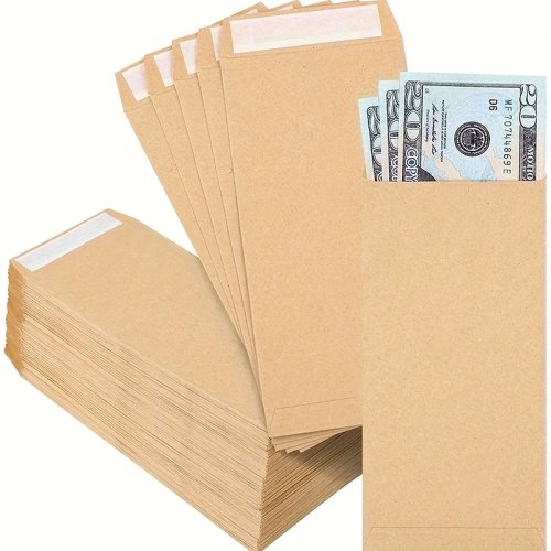 Kraft cash envelopes, small (6.5 x 3.2 in), self-adhesive money envelopes for budgeting, coins, checks and organizing small items