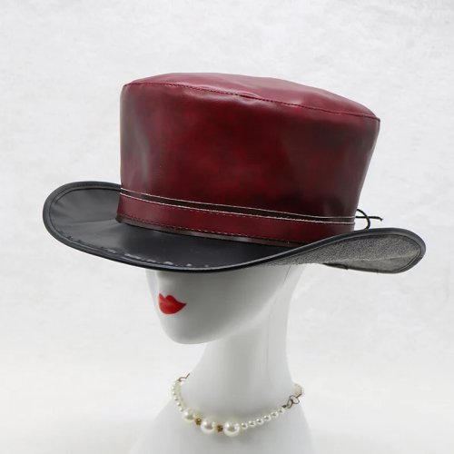 Heren hoge hoed (top hat) van Crazy Horse-leer, distressed/vintage look, platte bovenkant, golvende rand — ridder/steampunk stijl
