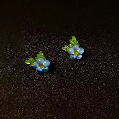 Anting-anting Stud Bunga Biru dan Daun Hijau untuk Wanita - Aksesoris Segar Musim Panas Manis Kado