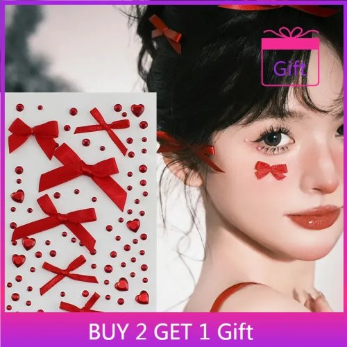 Pegatinas faciales y para ojos con strass y lazo de organza, rosa escarlata — adhesivos de maquillaje brillantes para San Valentín, bodas y fiestas