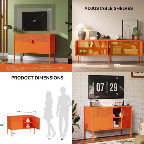 Mueble TV para televisores hasta 75 pulgadas, consola 40'' (≈102 cm), puertas ventiladas, estructura metálica, baldas ajustables, capacidad ≈54 kg